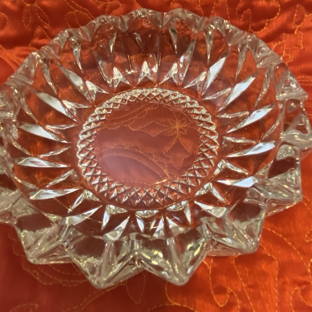 Set Of 2 KIG Indonesia Diamond Pattern Heavy Clear‎ Lead Crystal Dish Ashtray 6"